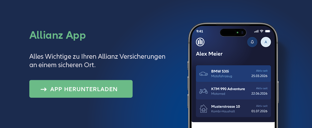 Allianz App auf einem Smartphone zur digitalen Verwaltung von Versicherungen und Schäden.